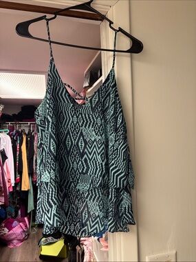 miami Teal and Black Geometric Tiered Camisole
